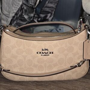 Coach Tan Shoulder Bag with Signature Canvas and Silver Hardware